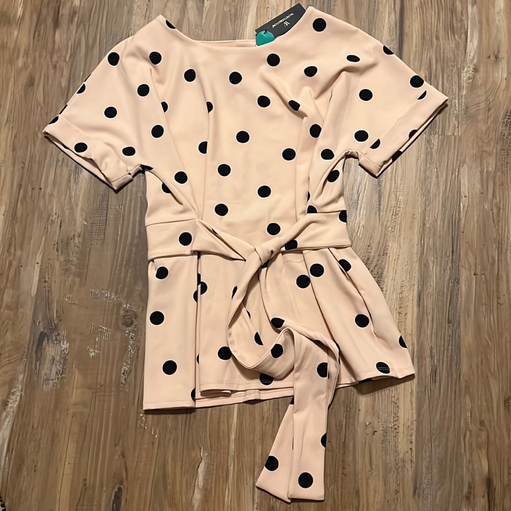 Worthington pink with black polka dot tie waist blouse